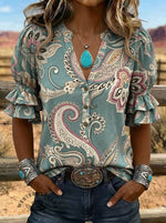 Women's Paisley Print Puff Sleeve Casual Shirt