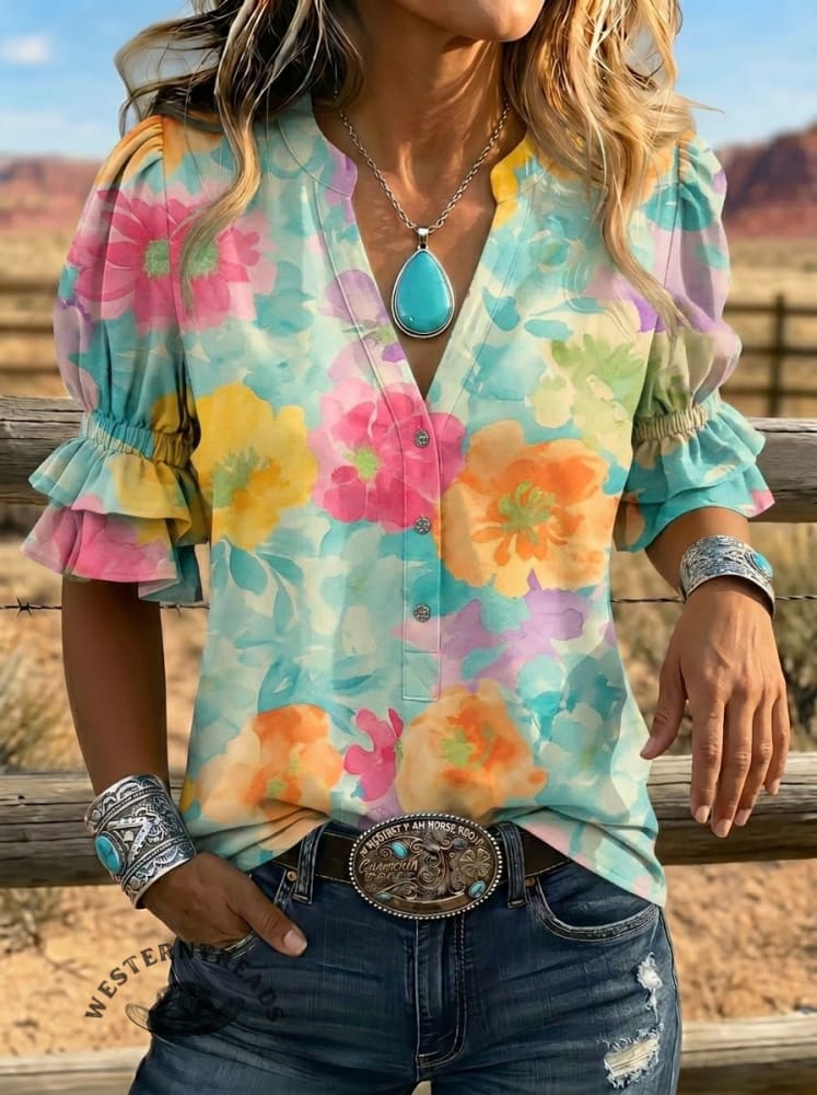 Women's Retro Floral Art Puff Sleeve Casual Shirt
