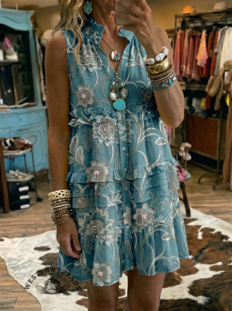 Ethnic Floral Print Casual Ruffle Sleeveless Dress
