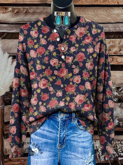 Floral Pattern Art Print Buttoned Cardigan Sweater