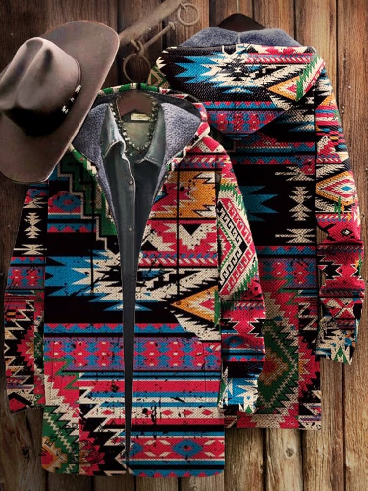 Aztec Print Unisex Plush Thick Long-sleeved Cardigan Coat