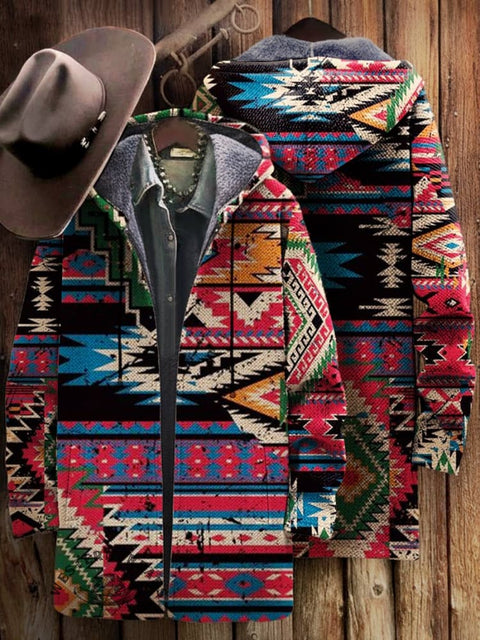 Aztec Print Unisex Plush Thick Long-sleeved Cardigan Coat