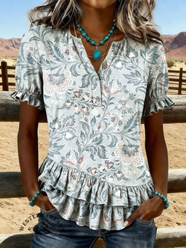 Women's Vintage Flowers Print Patchwork Casual Ruffles Shirt