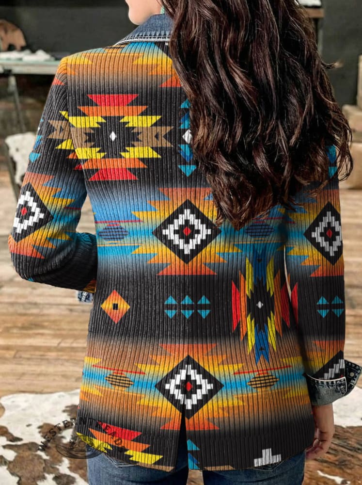 Aztec Print Patchwork Denim Sweater