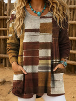 Women's Vintage Geometric Art Print Casual Crew Neck Pocket Knit Top