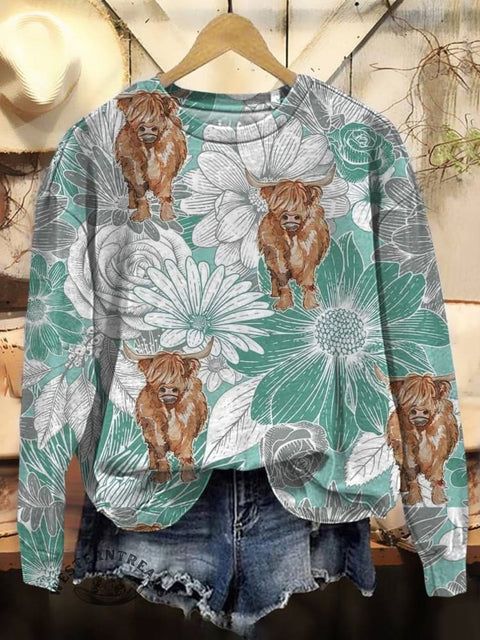 Highland Cow & Flower Print Casual Cotton Sweatshirt