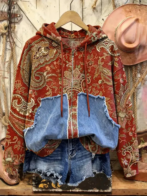 Retro Western Print Casual Cotton Patchwork Hooded Zip-up Sweatshirt