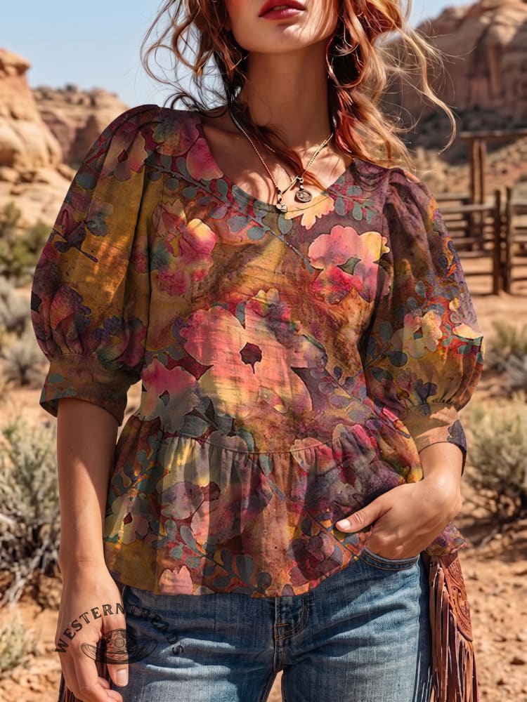 Women's Vintage Art Puff Sleeve Top