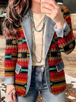 Aztec Print Patchwork Denim Sweater