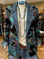 Turquoise Boho Floral Pattern Print Patchwork Denim Sweater Cardigan Coat