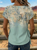 Retro Floral Art Tie Cotton Linen T-shirt