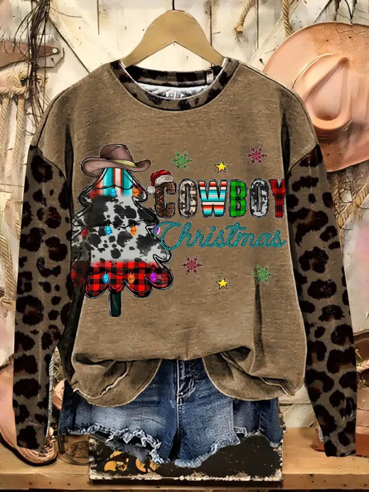 Cowboy Christmas Print Casual Cotton Sweatshirt
