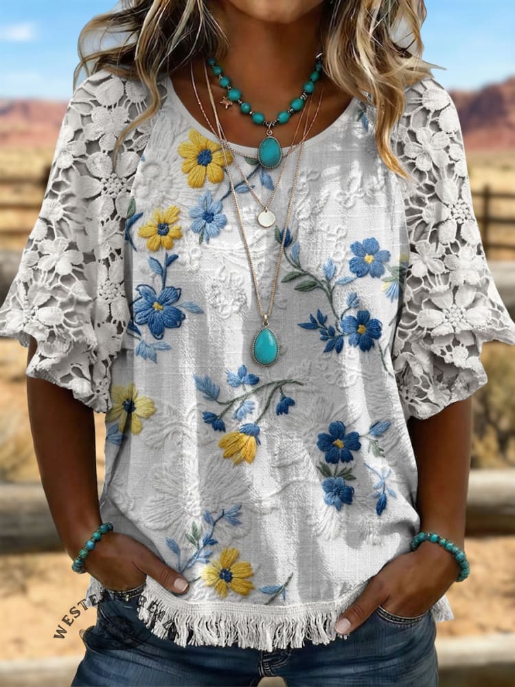 Vintage ArtPatchwork Lace Cotton And Linen Shirt