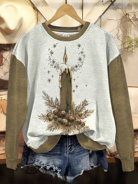 Christmas Candle Print Casual Cotton Sweatshirt