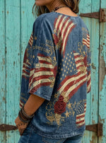 Americana 4th Of July Printed Casual V-neck Denim Top