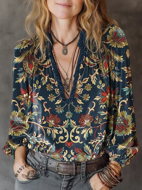 Women's retro flower Print Casual Cotton Shirt