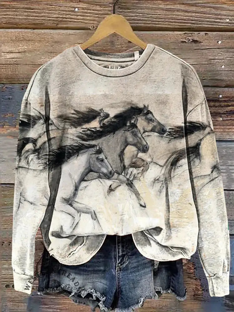 Horse Racing Print Casual Cotton Sweatshirt
