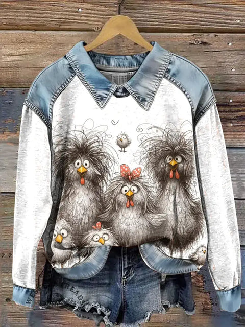 Funny Chicken Print Casual Denim Patchwork Sweatshirt