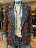 Cattle Brand Print Patchwork Denim Sweater