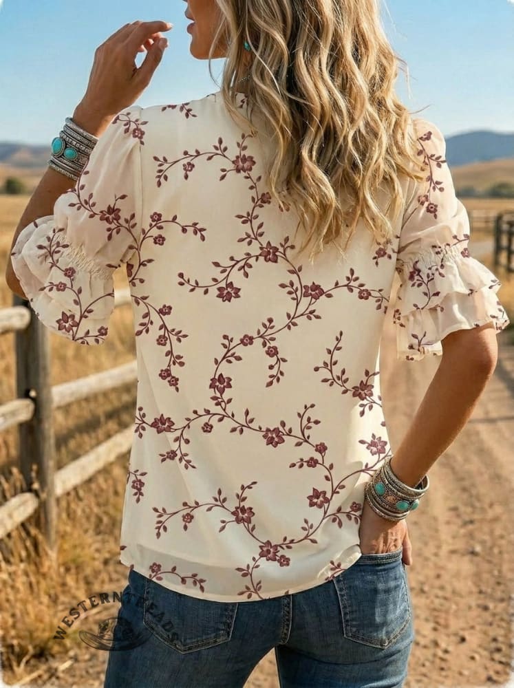 Women's Retro Floral Puff Sleeve Casual Shirt