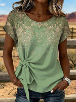 Retro Floral Art Tie Cotton Linen T-shirt