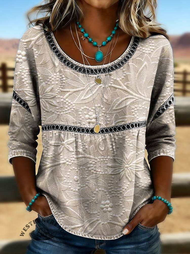 Women's Vintage Floral Print Casual 3/4 Sleeves Hollow Lace Denim Shirt