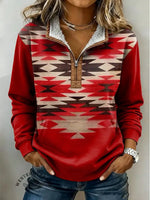 Vintage Aztec Art Print Casual Half-zip Cotton Sweatshirt