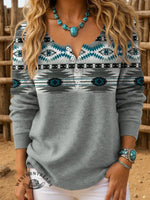 Women's Vintage Aztec Print Henley Neck Sweater Top