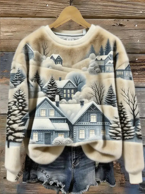 Women's Winter Art Print Casual Plush Top