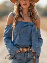 Women's Bow-neck Denim Patchwork Top