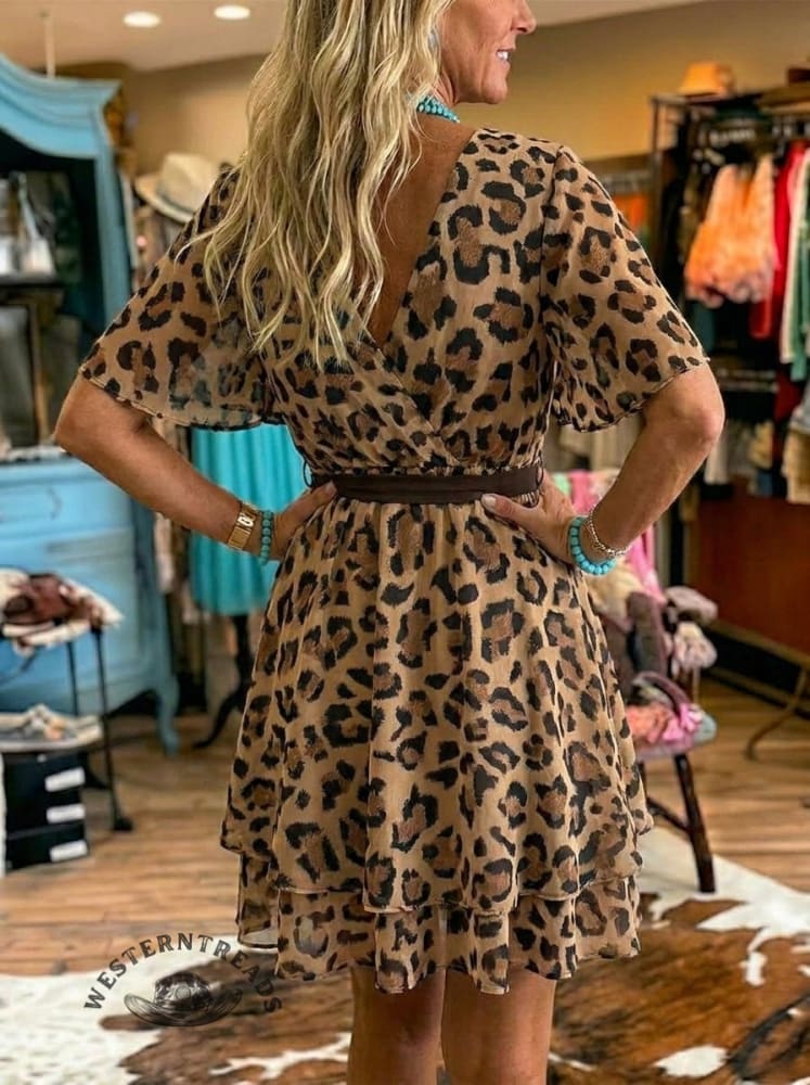 Women's V-neck Cross Tie Ruffle Chiffon Dress
