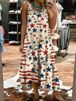 Star Strip Art Print Sleeveless Multi-layered Ruffled Strap Dress