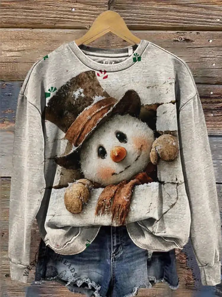 Vintage Snowman Art Print Casual Sweatshirt