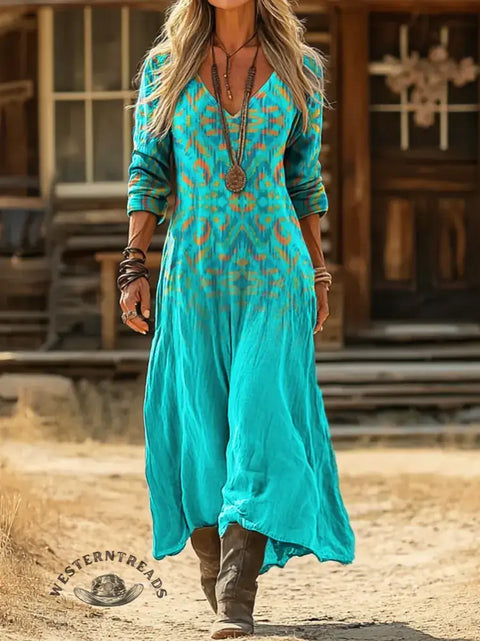 Aztec Print Casual V-Neck Dress