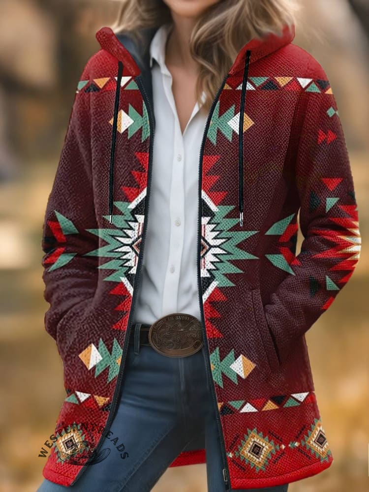 Aztec Print Unisex Plush Thick Long-sleeved Cardigan Coat