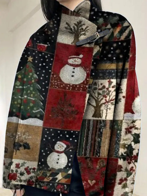 Christmas Print Buckle Long-Sleeved Cardigan Coat