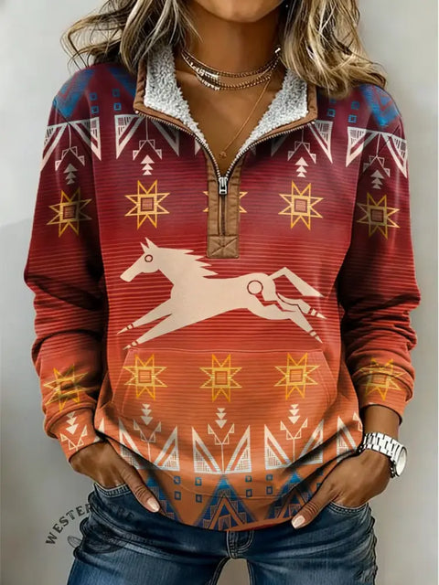 Casual Retro Horse Art Print Half-Zip Cotton Sweatshirt