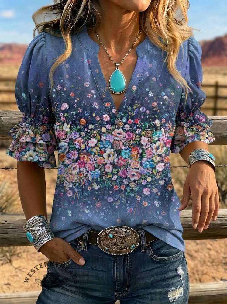 Women's Retro Floral Art Puff Sleeve Casual Shirt