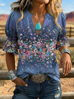 Women's Retro Floral Art Puff Sleeve Casual Shirt