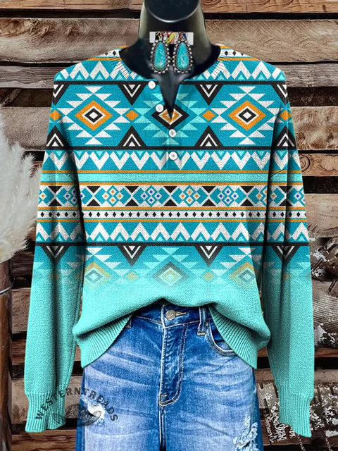Colored Aztec Print Buttoned Cardigan Sweater