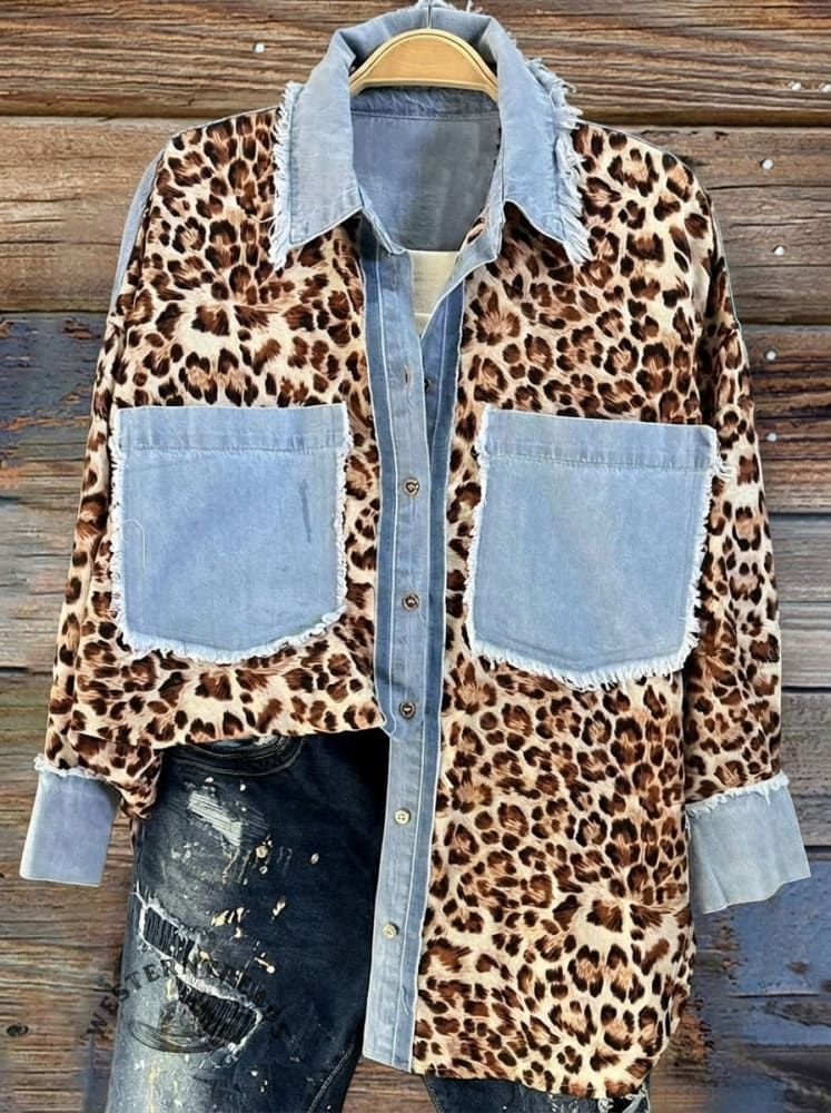 Oversized Leopard And Denim Patchwork Shacket With Pockets