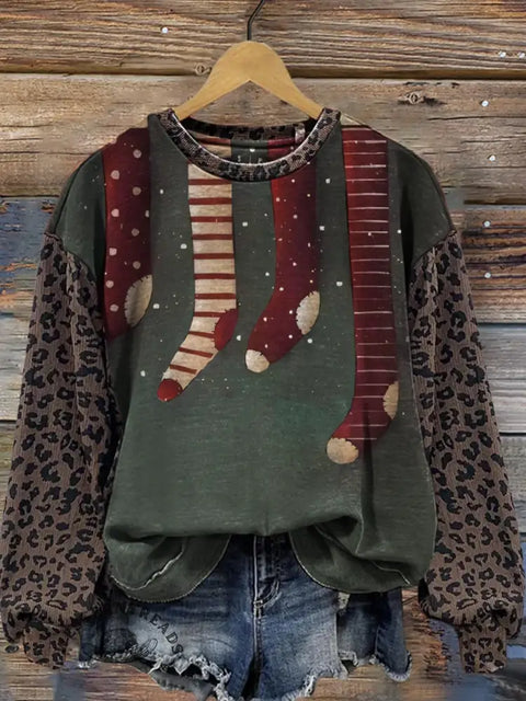 Retro Stocking Print Casual Cotton Christmas Sweatshirt
