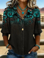 Women's Retro Floral Casual Puff Sleeve Denim Shirt