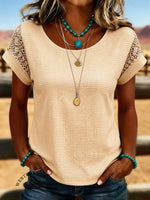 Women's Waffle Knit Lace Hollow Short Sleeve T-shirt Top