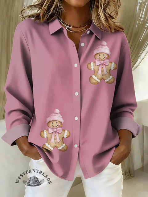 Women's Christmas gingerbread man Print Casual Cotton Shirt