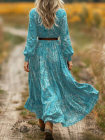 Women's Turquoise Print V-neck Button Pocket Cotton Dress