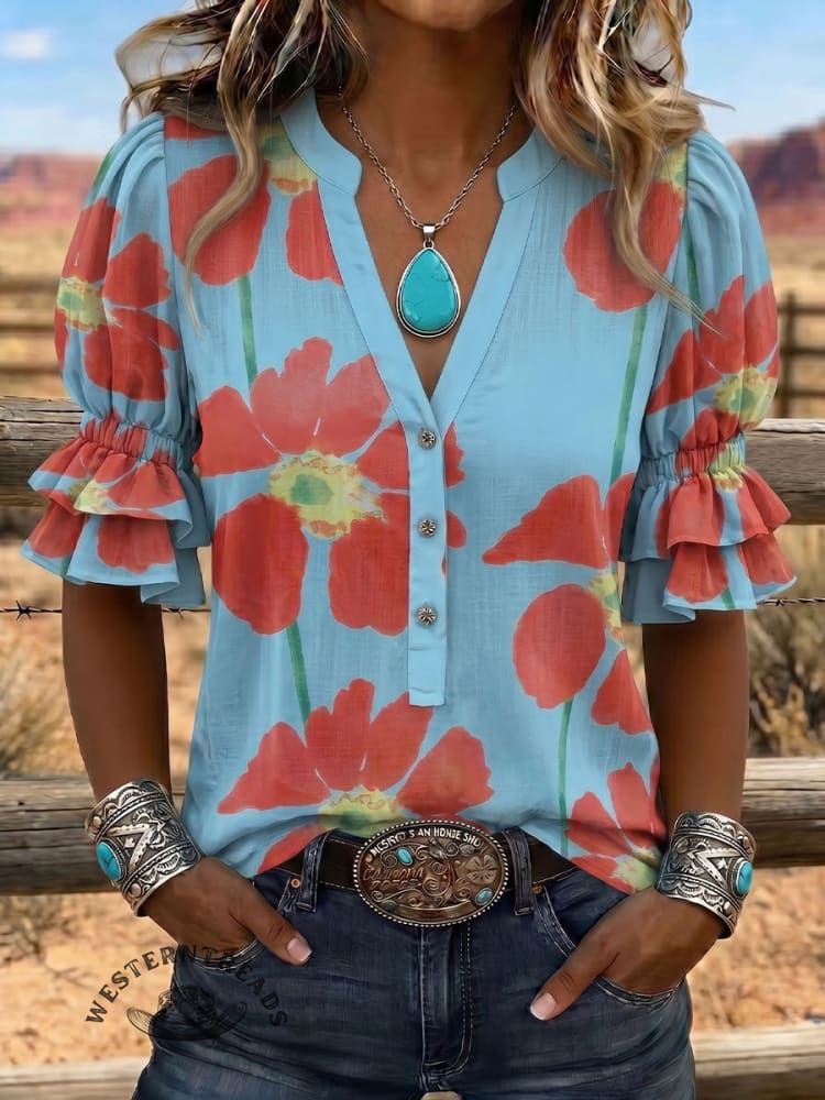 Vintage Art Print Comfortable Summer Fabrics Puff Sleeve Casual Shirt