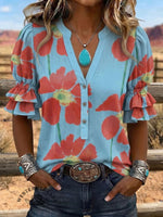 Vintage Art Print Comfortable Summer Fabrics Puff Sleeve Casual Shirt