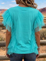 Women's Western Turquoise Ruffle Panel Short Sleeve T-Shirt