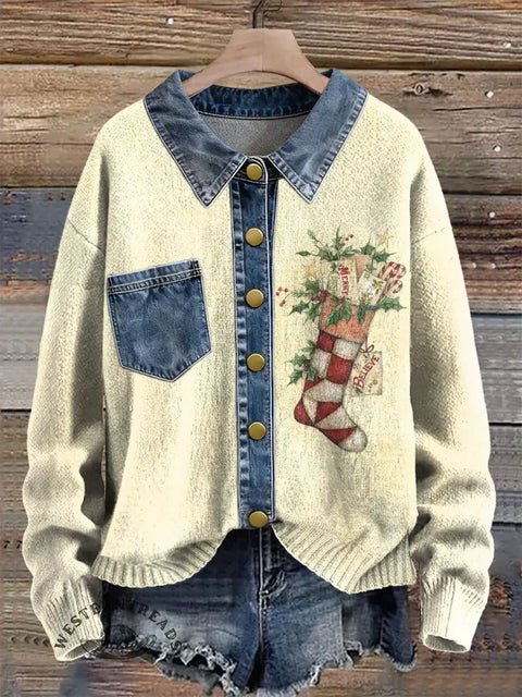 Christmas Stocking Print Patchwork Denim Knit Pullover Sweater